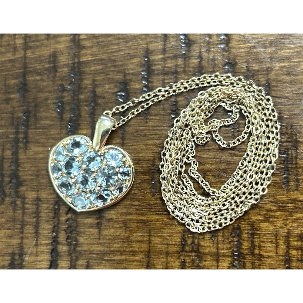 14K MQ Pendant Necklace HEART CLUSTER Necklace Aquamarine? 28" Chain‎